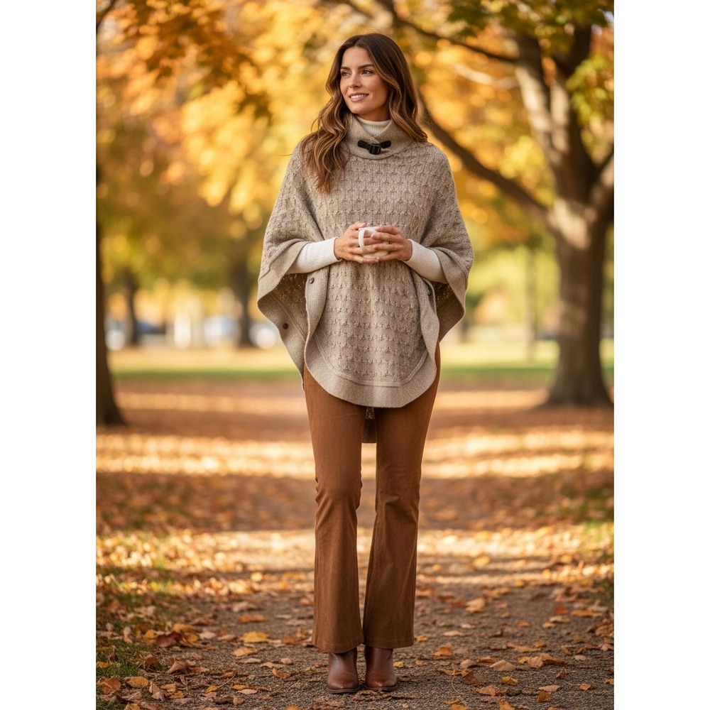 Chiaramente Poncho Women OS Beige Excellent Wool Blend Made in Italy Cable Knit